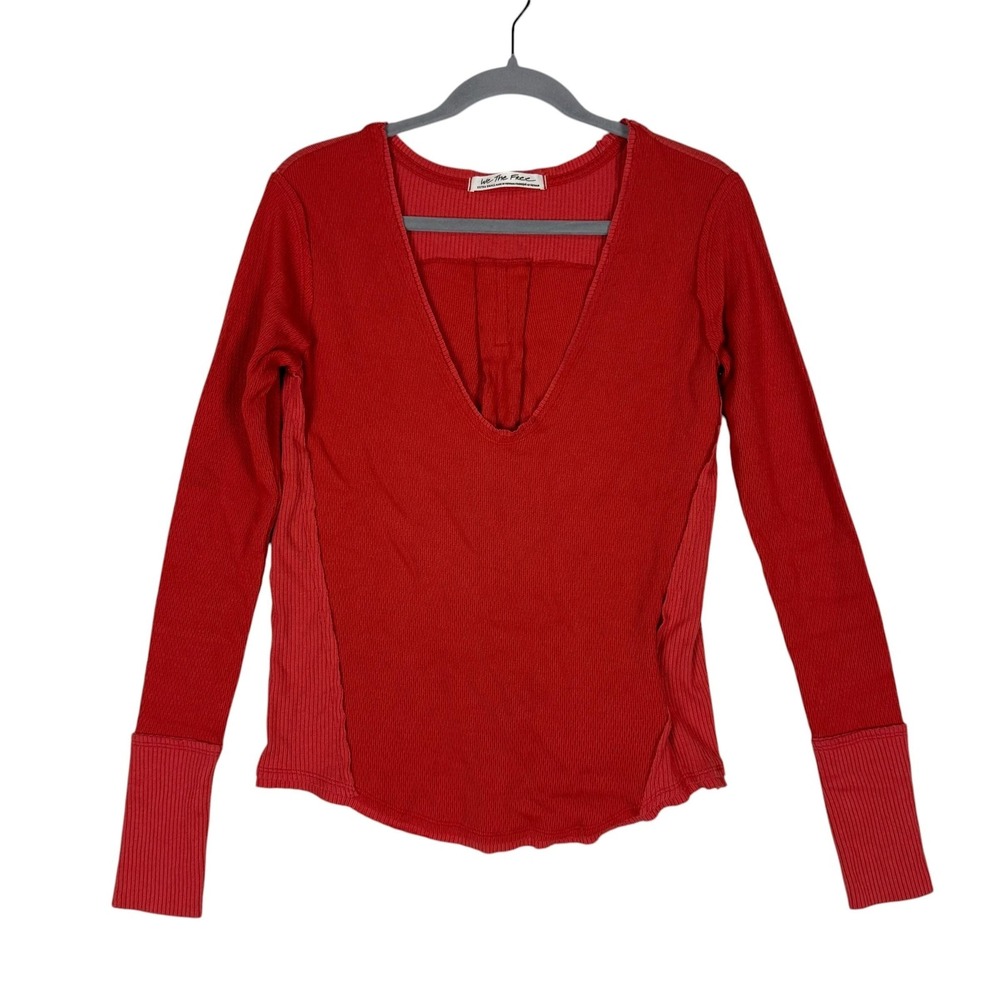 We The Free Shirt Womens XS Orange V Neck Long Sleeve Strap‎ Thermal Ribbed Knit